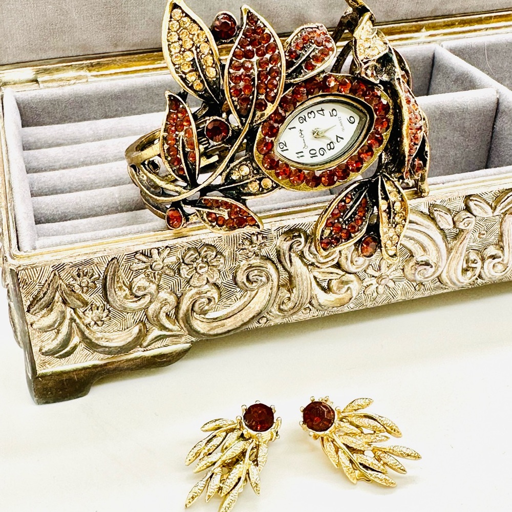 Rhinestone Watch Bracelet & Topaz Earrings